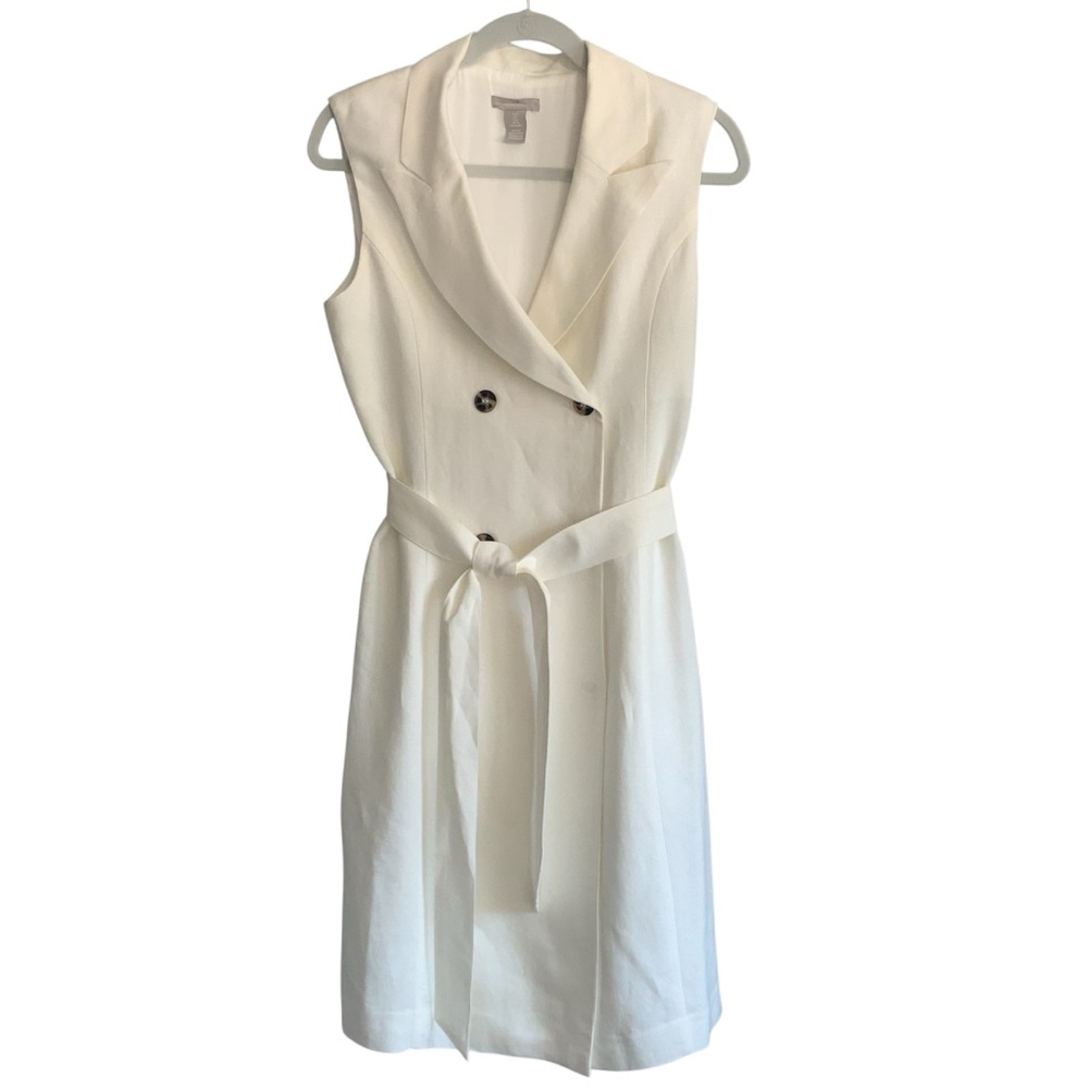 H&M Cream Linen Blend Sleeveless Double Breasted Belted Trench Coat Dress SZ S